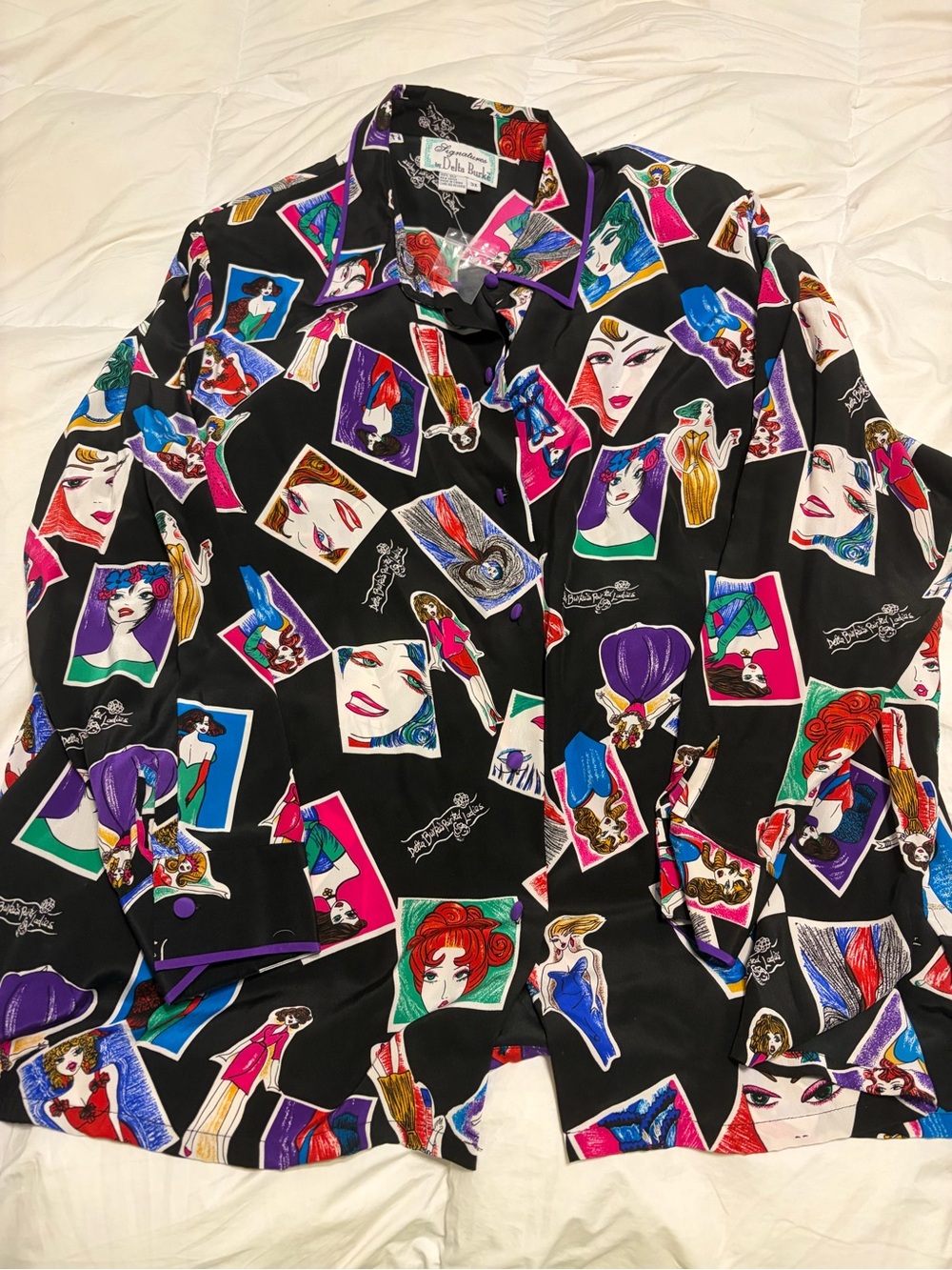 Vintage Delta Burke Black Button-Down Shirt with Colorful Fashion Portrait Panel